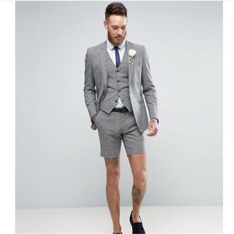 2019 Light Grey Shorts Summer Elegant Men's Suit (Jacket +Pants+Vest) Casual Groom Tuxedo Beach Wedding Suits Best Man Blazer
